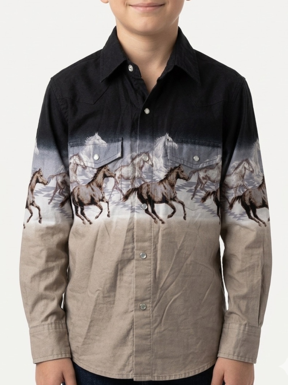 Cumberland Outfitters Boys Western Shirt Horse Print Snap Button Size Medium